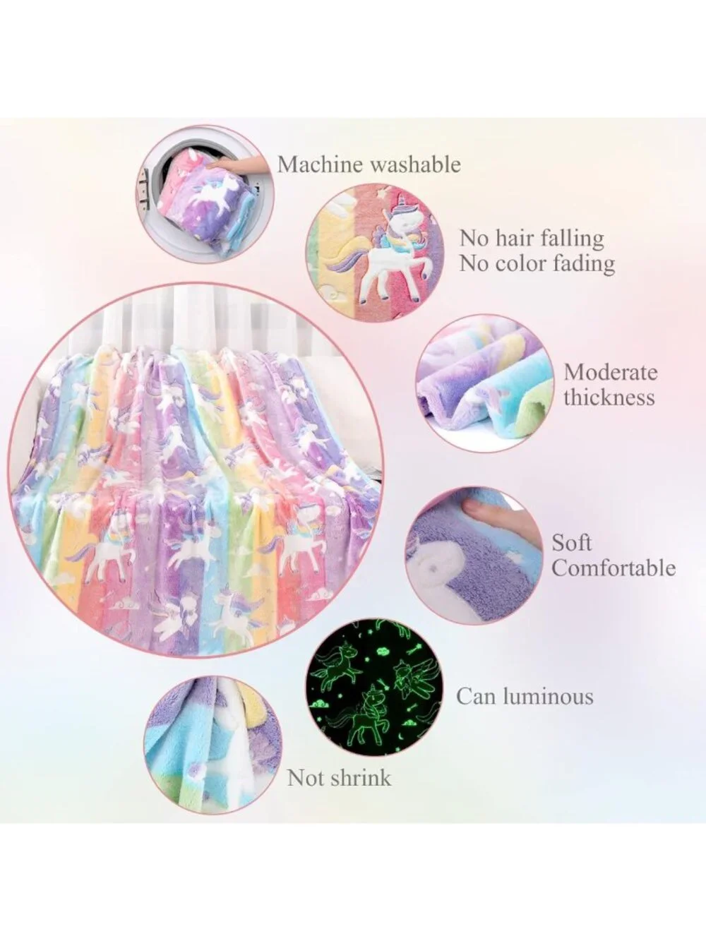 Glow in the Dark Unicorn Blanket for Girls, Soft Cozy Gift for Ages 3-10, 50